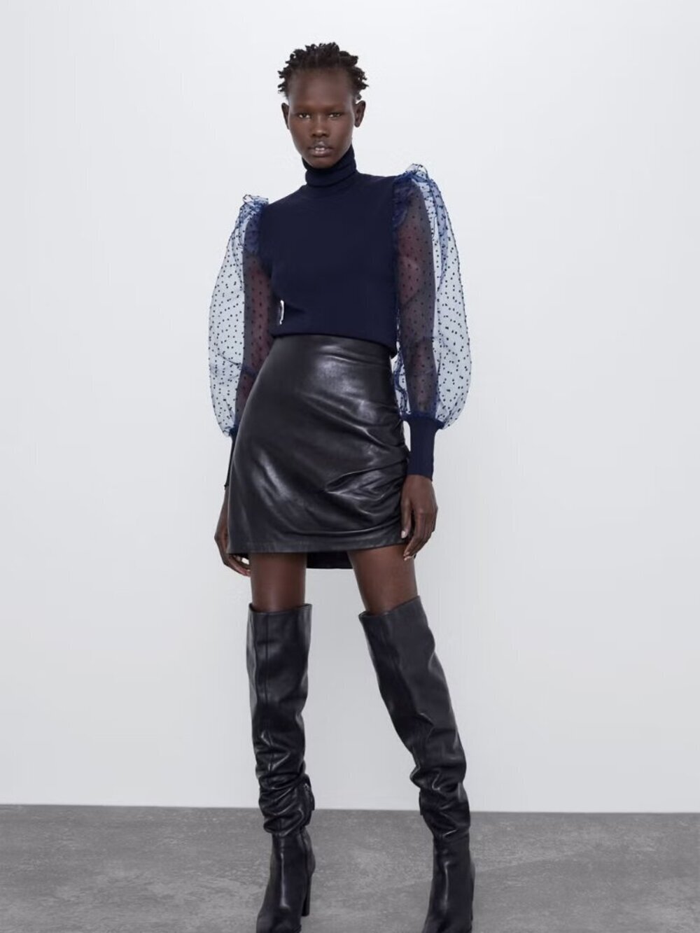 NWT ZARA Navy Blue Ribbed Knit Flocked Dot Organza Puff Sleeve Top, Size S - Picture 4 of 16